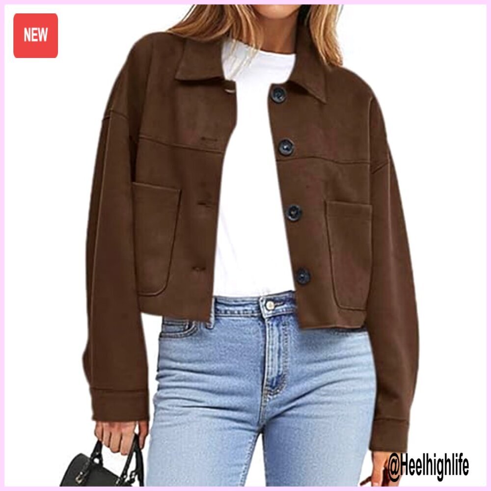 Faux Suede Cropped Jacket, Button Front, Patch Pockets, Lightweight Fall - Picture 2 of 7